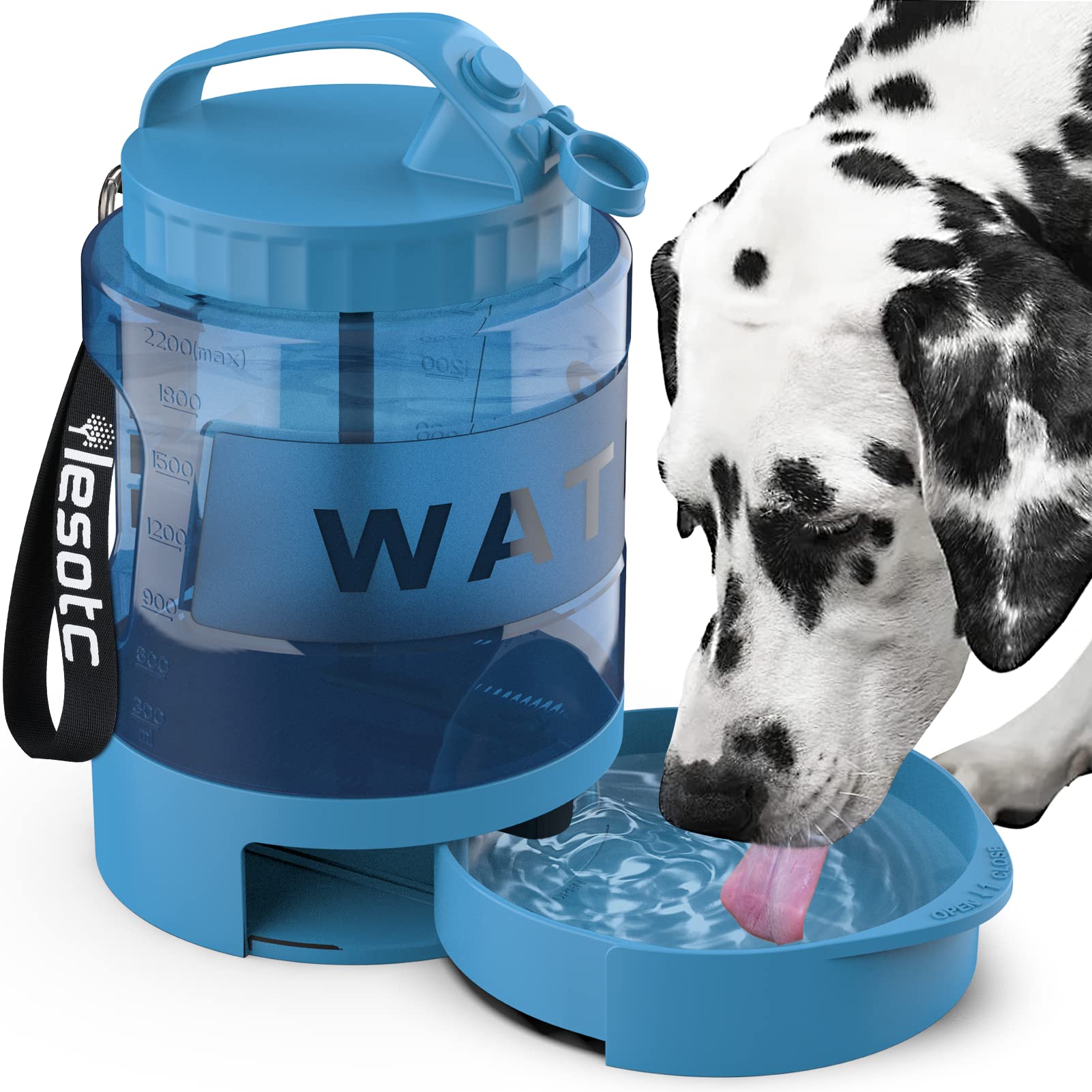 Lesotc dog water bottle with pull-out bowl demonstrates 77oz capacity for on-the-go hydration.
