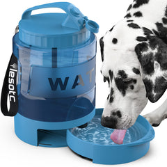 Lesotc dog water bottle with pull-out bowl demonstrates 77oz capacity for on-the-go hydration.