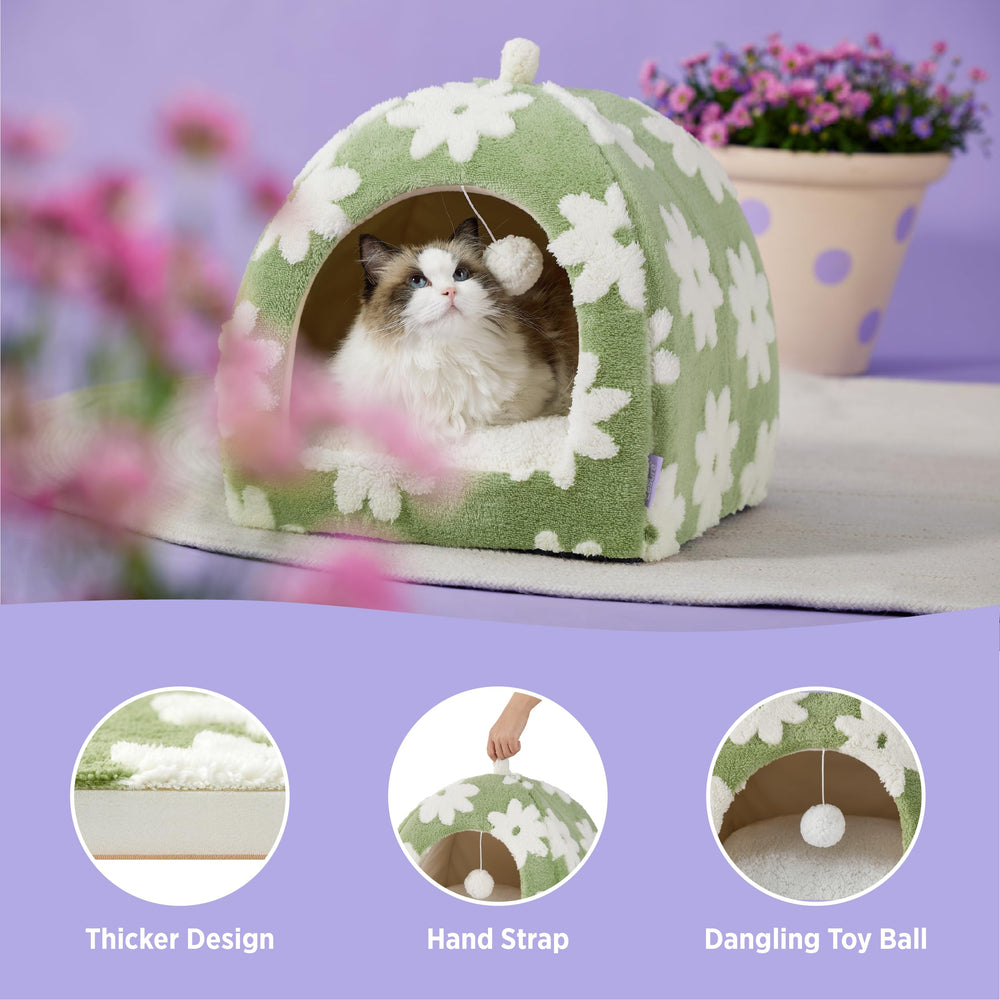 LE SURE cat bed features a dangling toy ball at the entrance for play