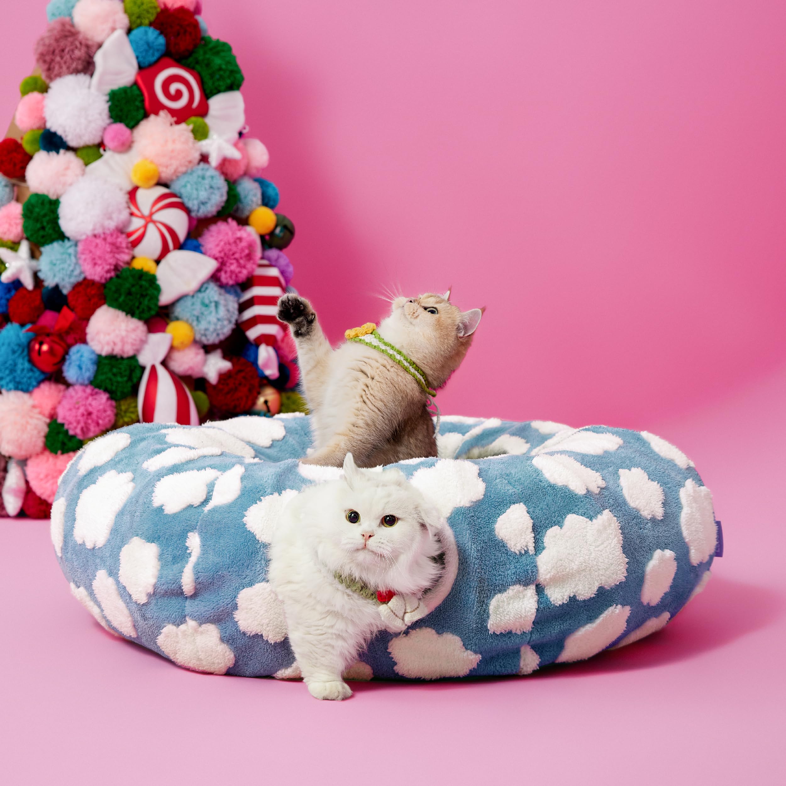 Lesure cat tunnel bed blue pattern complements modern interiors.