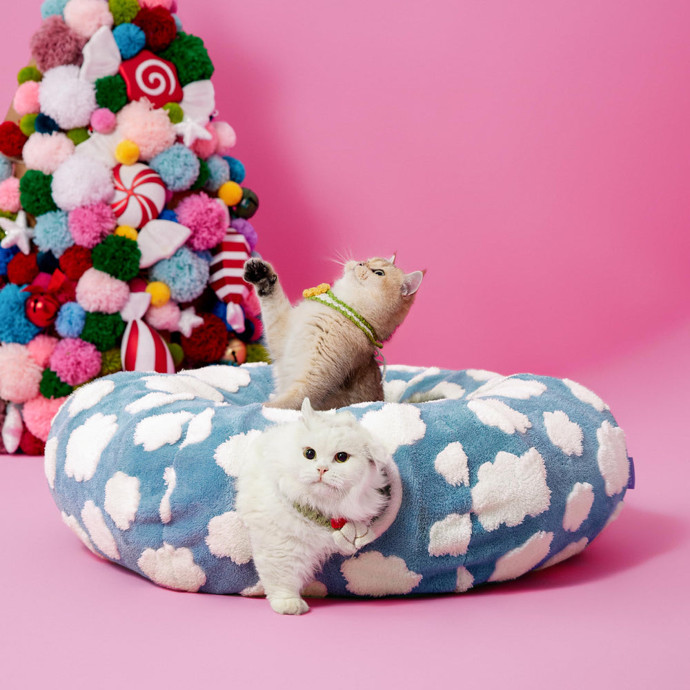Lesure cat tunnel bed blue pattern complements modern interiors.