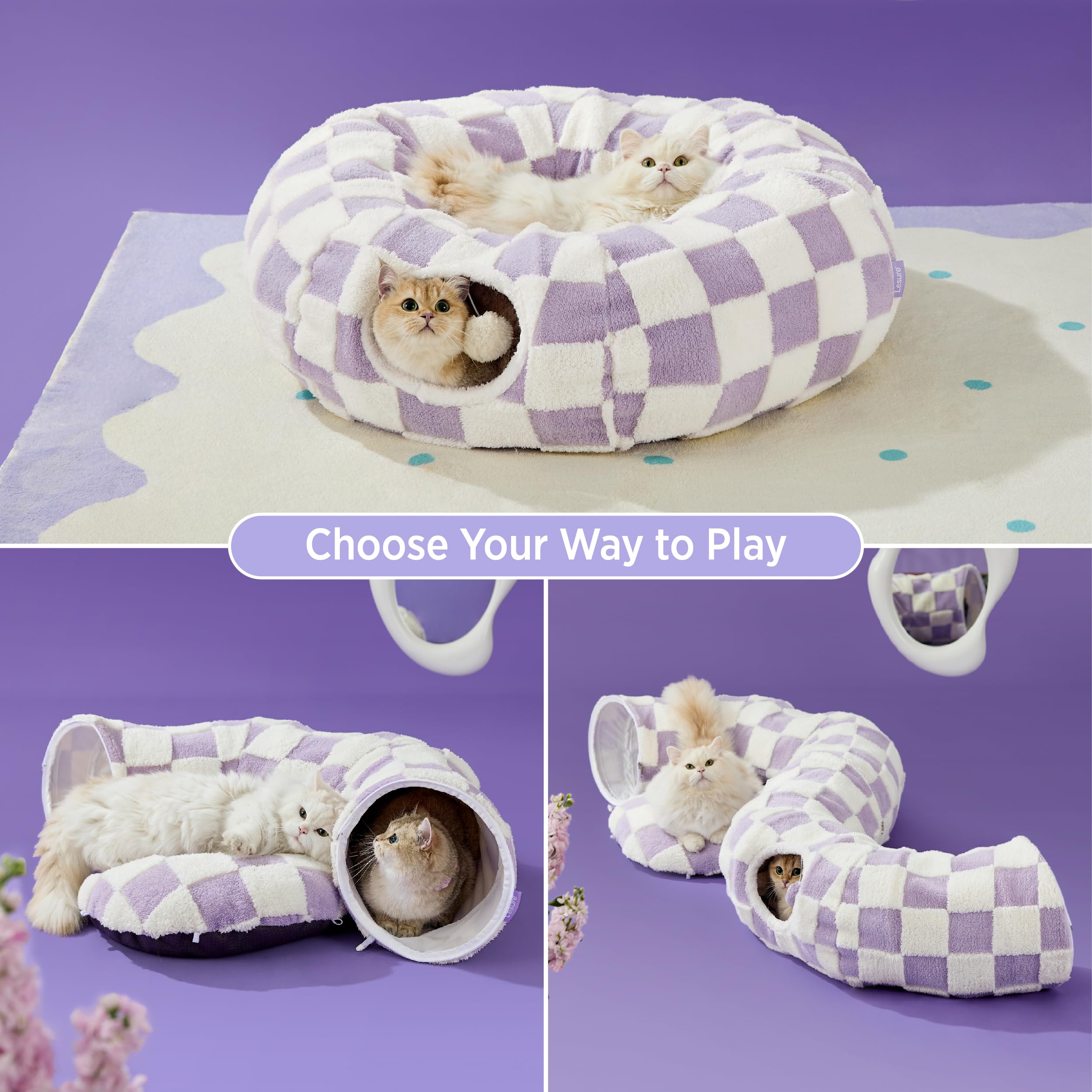 LE SURE Lesure Cat Tunnel Bed with interactive toys for multi-cat play.