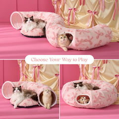 LE SURE cat tunnel bed with soft sherpa cushion adds warm comfort for naps.