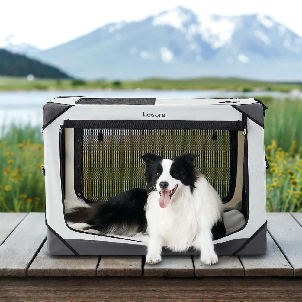LE SURE Lesure collapsible dog crate front view highlights easy entry and sturdy construction.