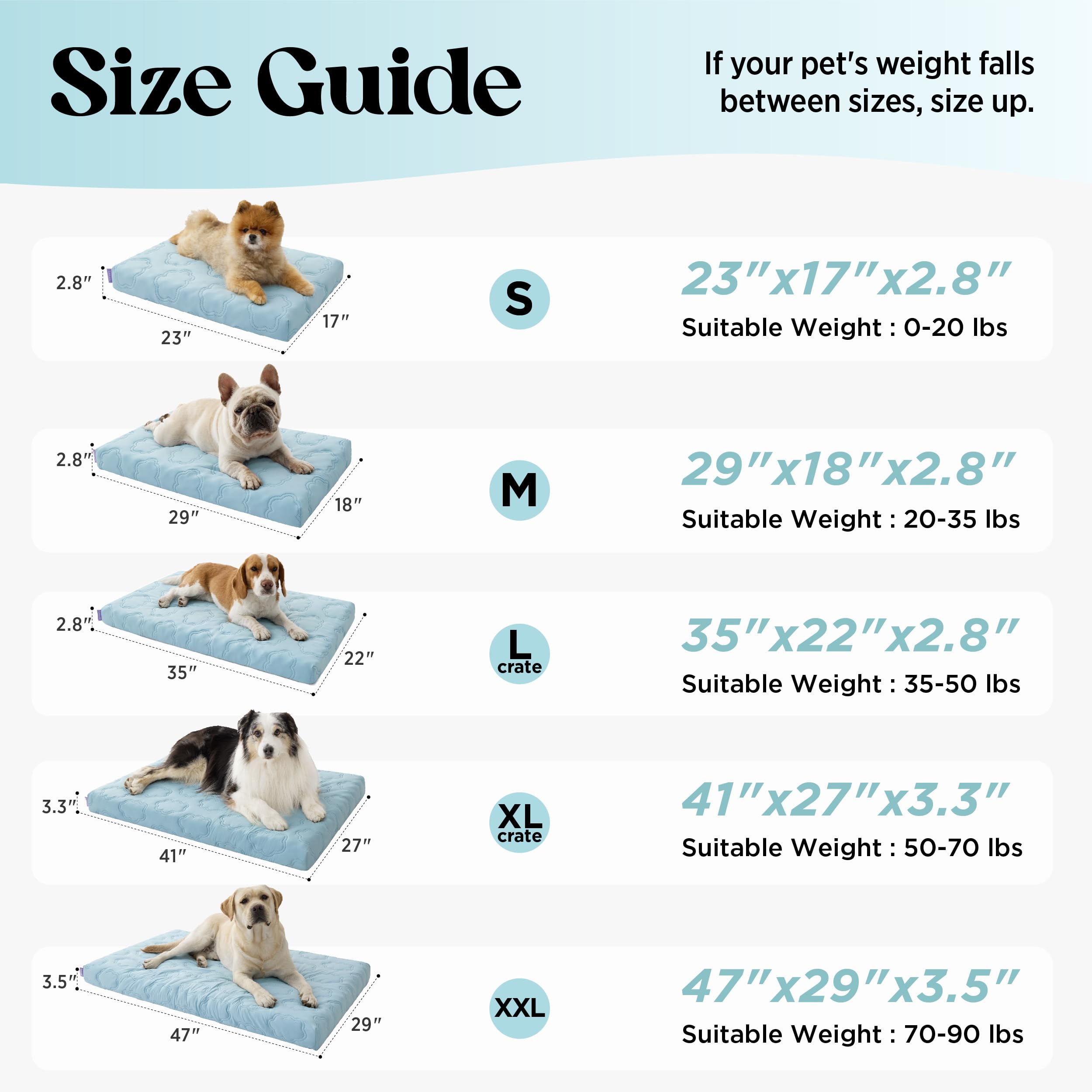 LE SURE cooling dog bed size variety image highlights options for small to large breeds.