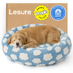 LE SURE donut dog bed in blue round shape offers plush comfort.