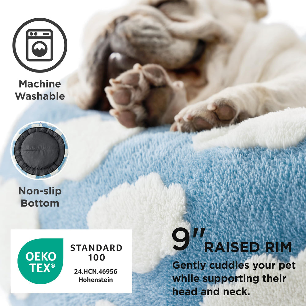 LE SURE round blue bed with removable cover for machine washing.