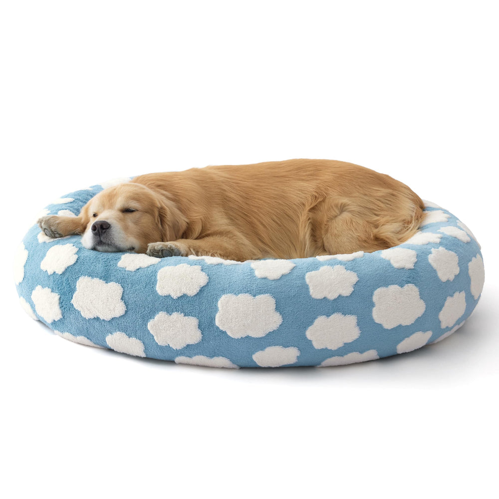 LE SURE bed blends jacquard plush with supportive chopped foam.