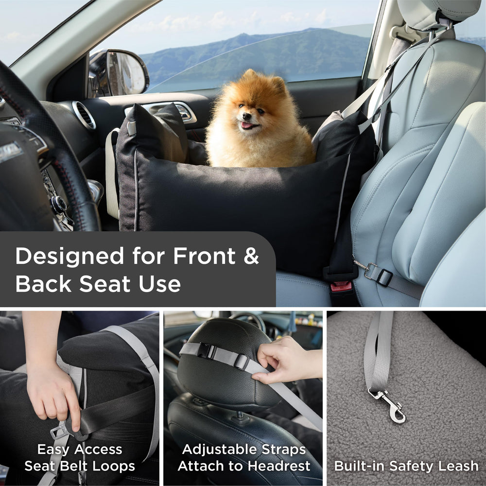 LE SURE Lesure back view demonstrates stable booster for small dogs on long drives