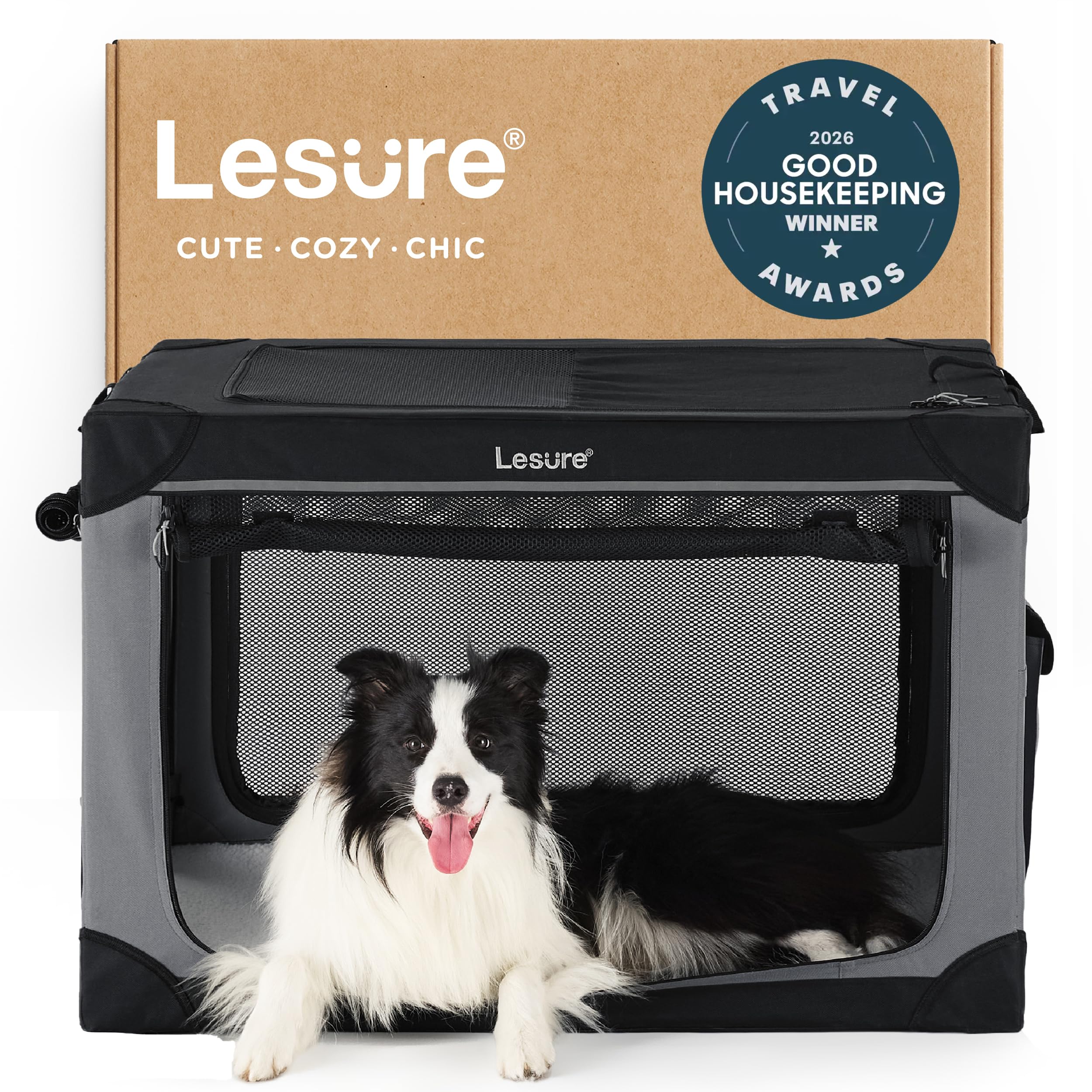 LE SURE Lesure soft collapsible dog crate in open fold for travel and storage.