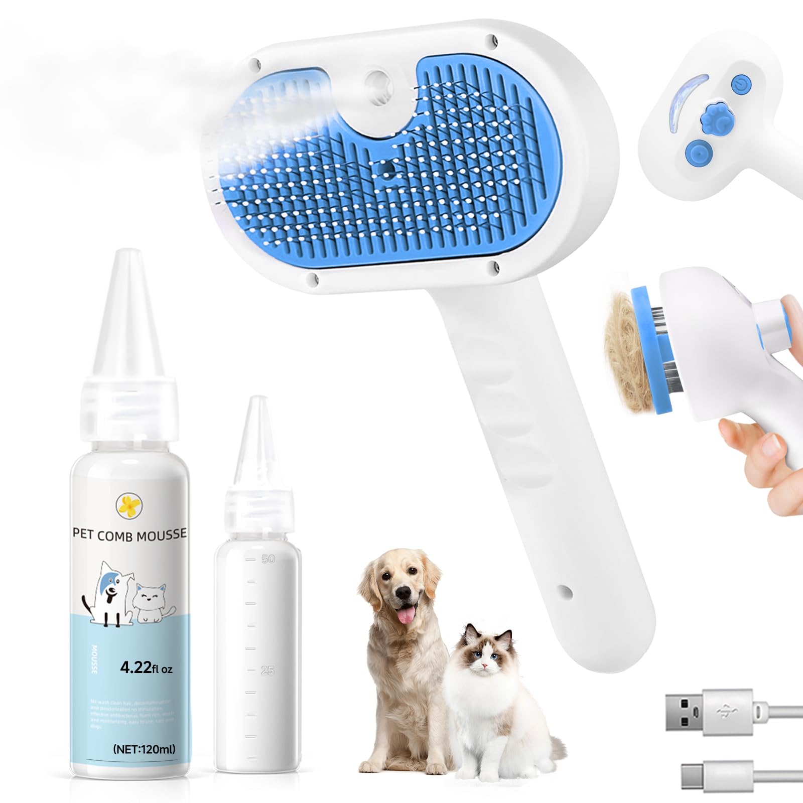 LetsFeed Pet Steam Brush demonstrates multi-function grooming for shedding and hair removal