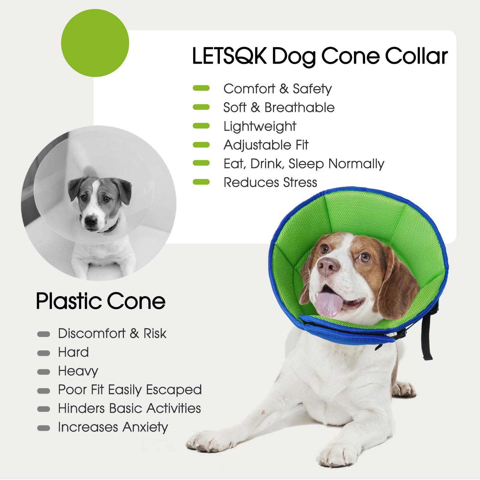 LETSQK patented dog cone for wound protection during recovery.