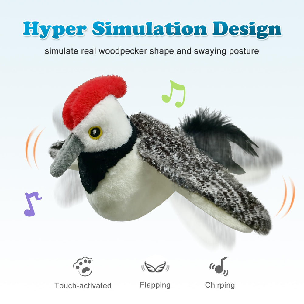 Lewiser woodpecker toy side view showing wing motion for daily activity