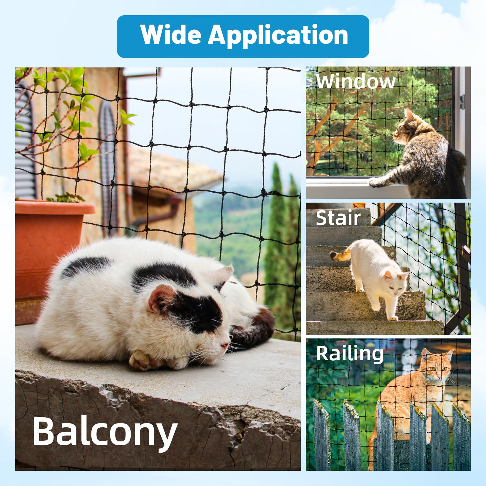 Lewondr cat netting package contents image displays net, rope, hooks and ties.