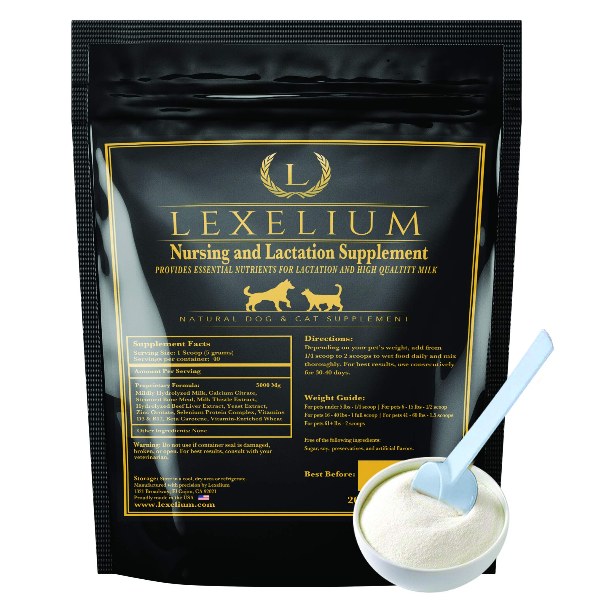 Lexelium nursing supplement bottle for dogs and cats supports lactation potential.