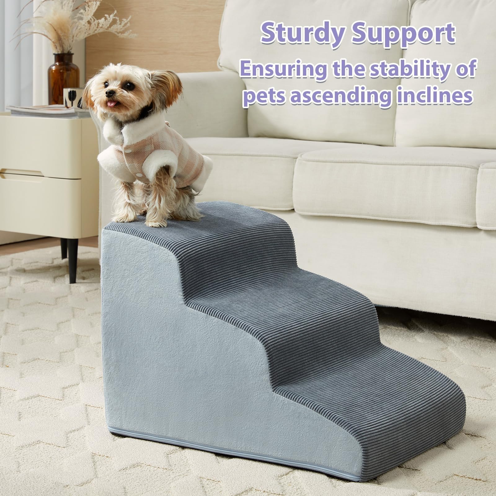 LEXTRO dog stairs bed-height setup showing stability on furniture.