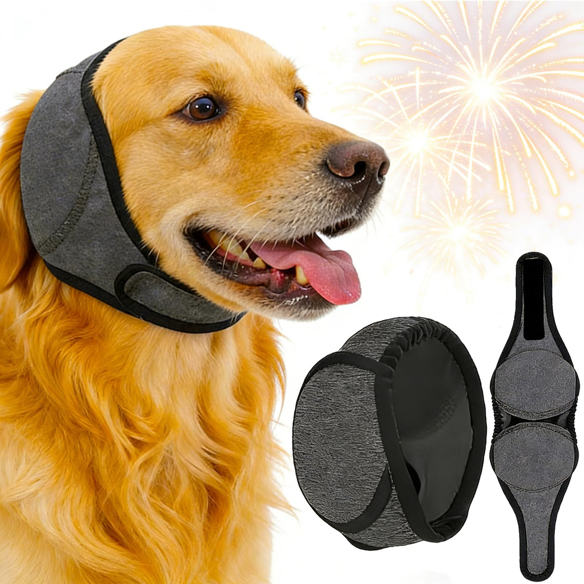LHP dog ear muffs protect hearing during fireworks for calmer pets.