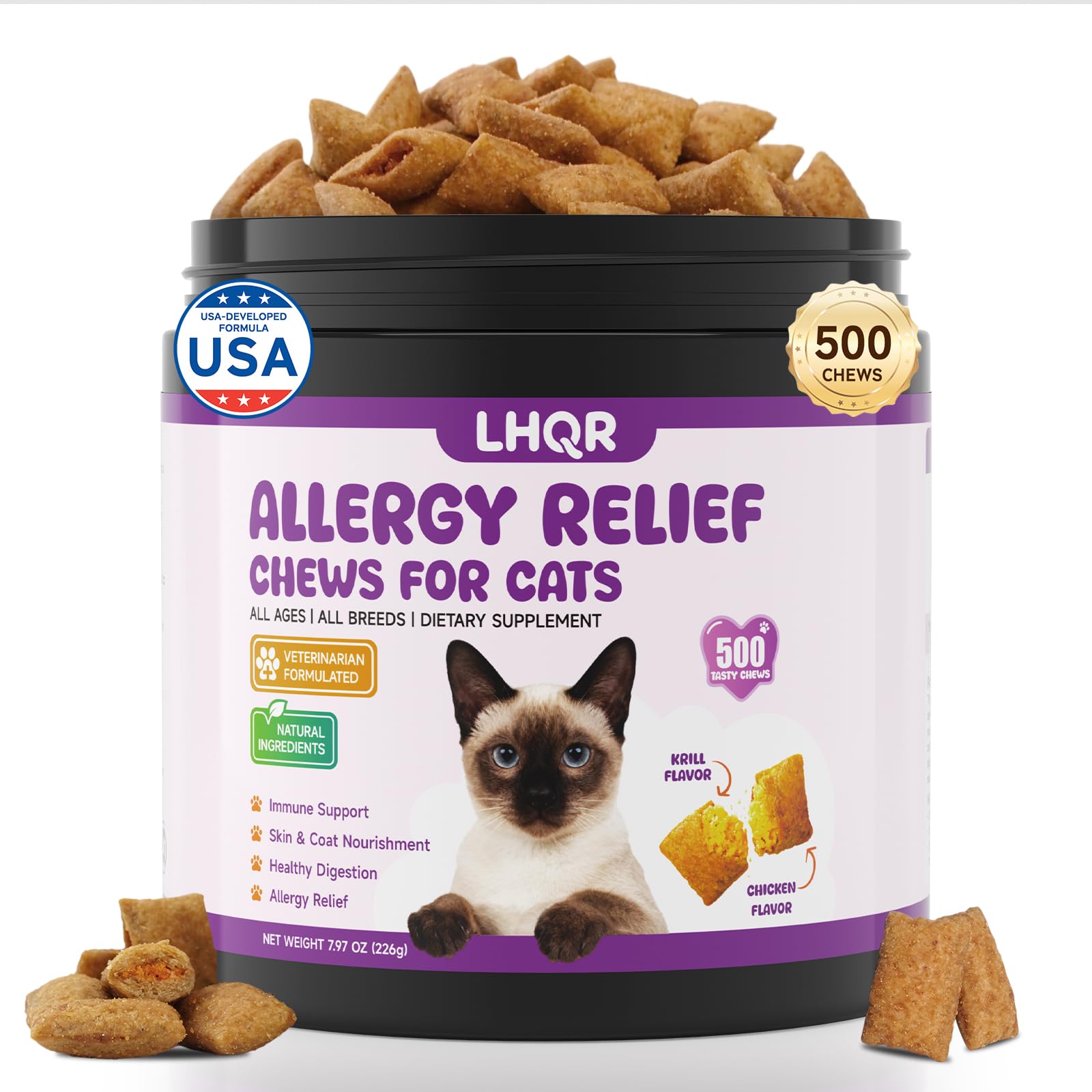 LHQR 500 Cat Allergy Relief Chews bottle shows packaging for easy daily use.