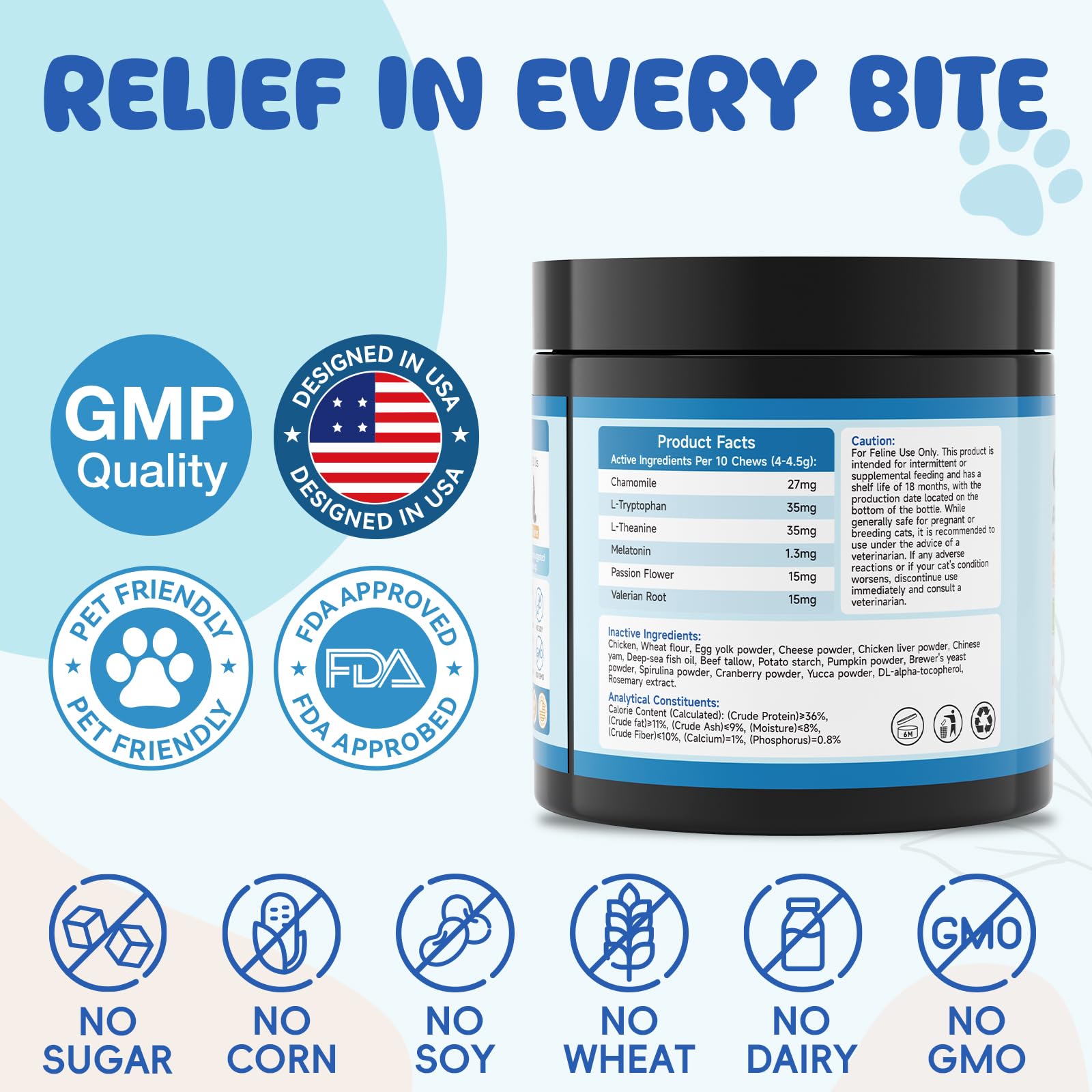 Vet-quality assurance seal for LHQR calming chews for cats.