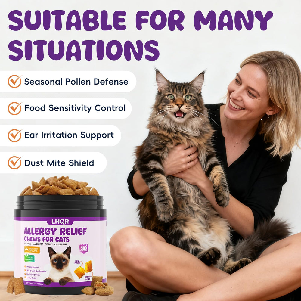 LHQR cat allergy chews textured shell and crisp center appeal for cats.