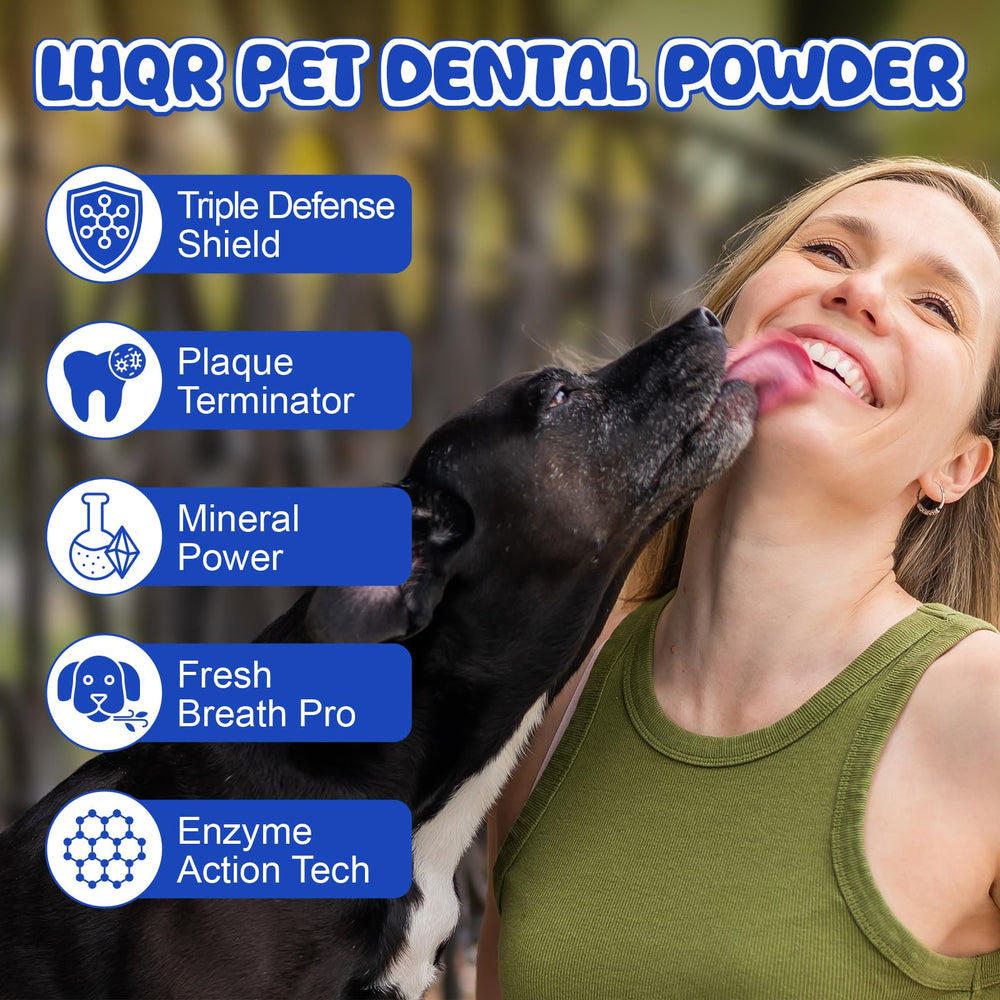 LHQR dental powder tub label showcasing probiotic benefits for oral balance