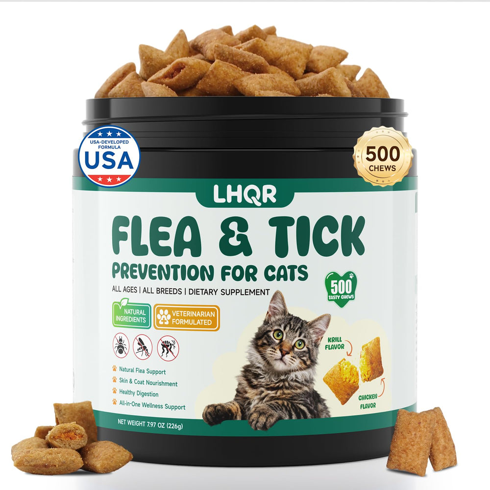 LHQR flea and tick chews for cats in chicken flavor, easy daily dosing.