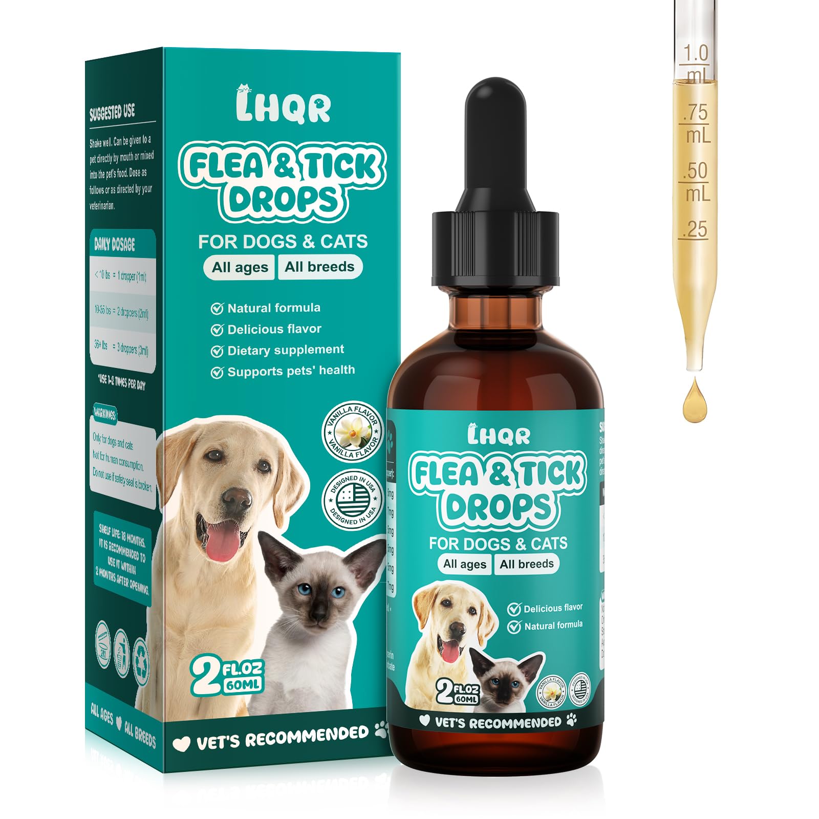 LHQR Flea Tick Drops bottle with vanilla flavor supports daily pet care.