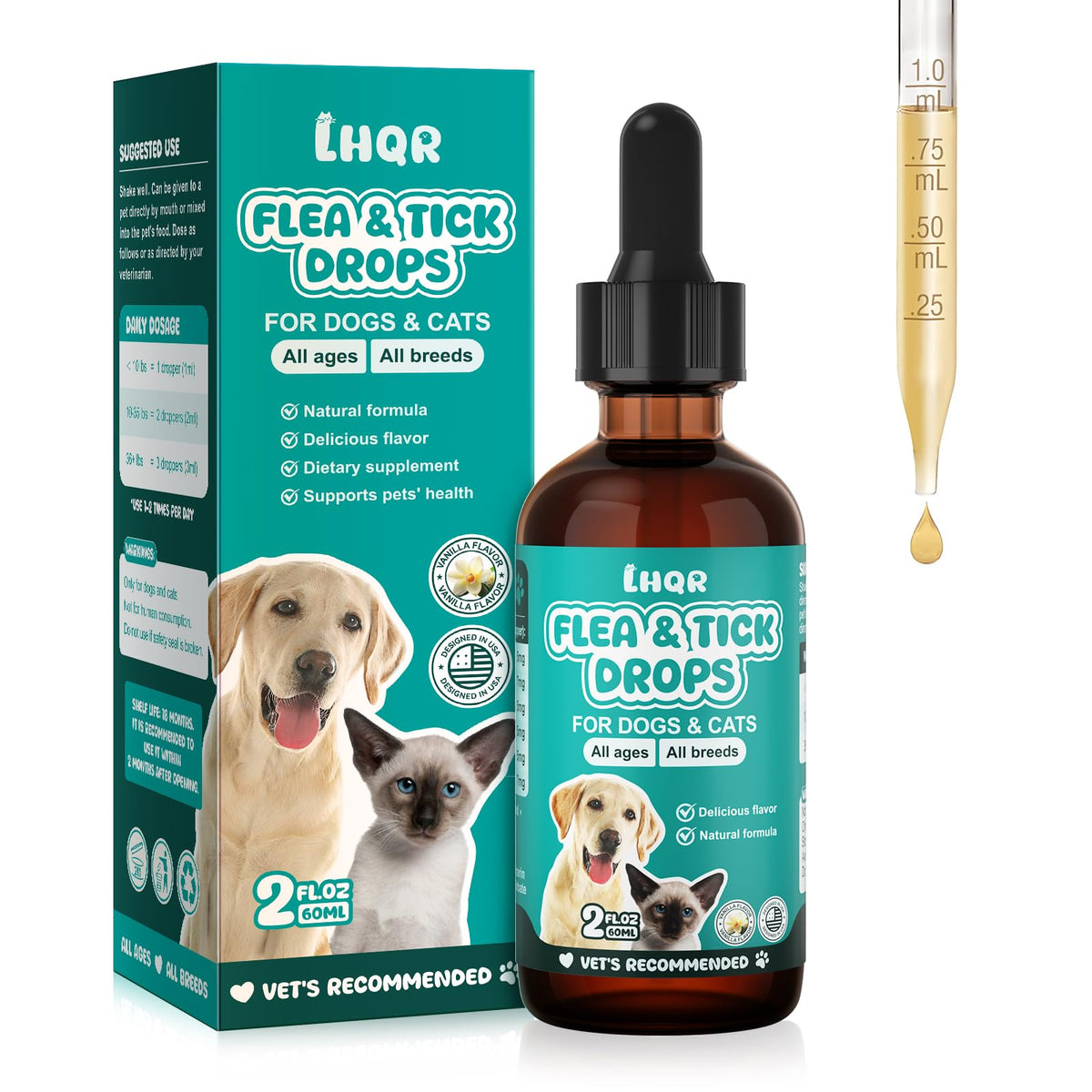 LHQR Flea Tick Drops bottle with vanilla flavor supports daily pet care.