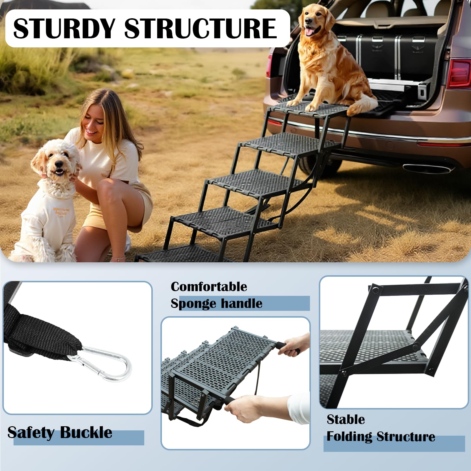 LIALEX dog ramp metal frame delivers strong, stable support for large dogs.