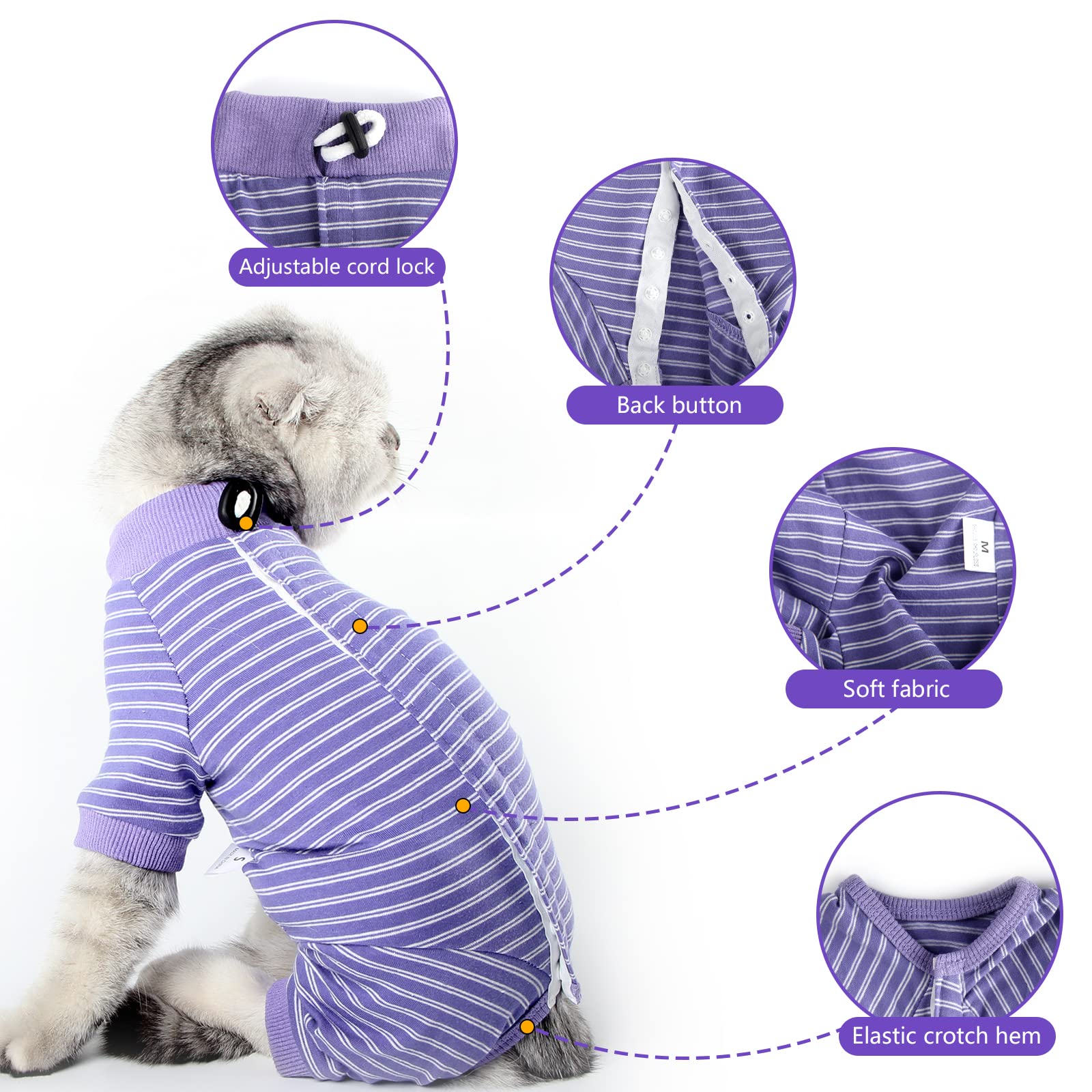 LIANZIMAU cat recovery suit shows the long sleeve design for a tidy fur area.