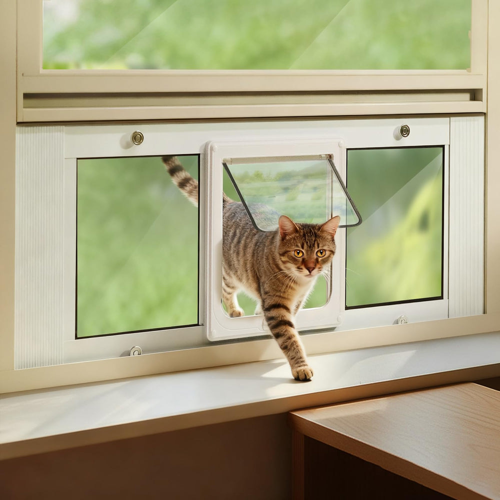 LIBBEPET window cat door frame close-up highlighting durable aluminum and clear visibility.