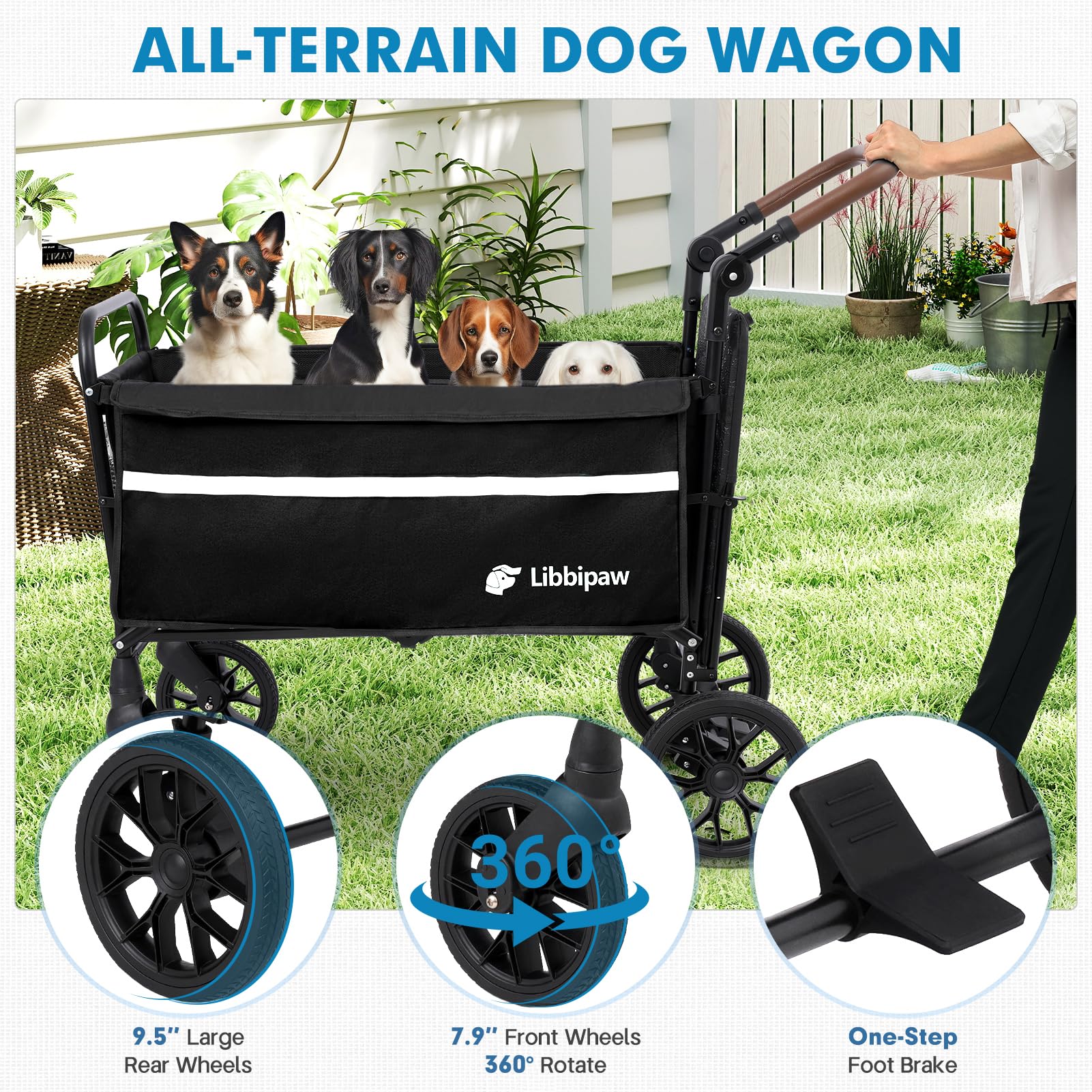 Libbipaw dog wagon one-step brake keeps the wagon secure on slopes.