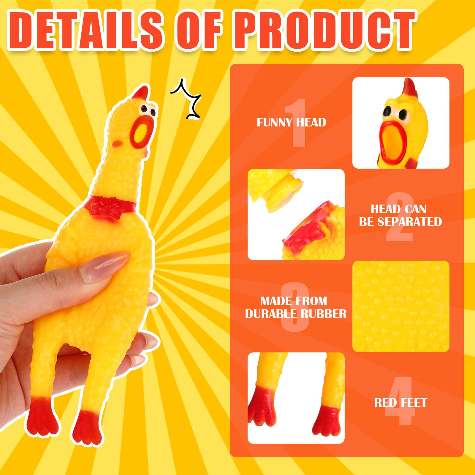 Libima squeaky chicken with detachable head for easy squeaker replacement.