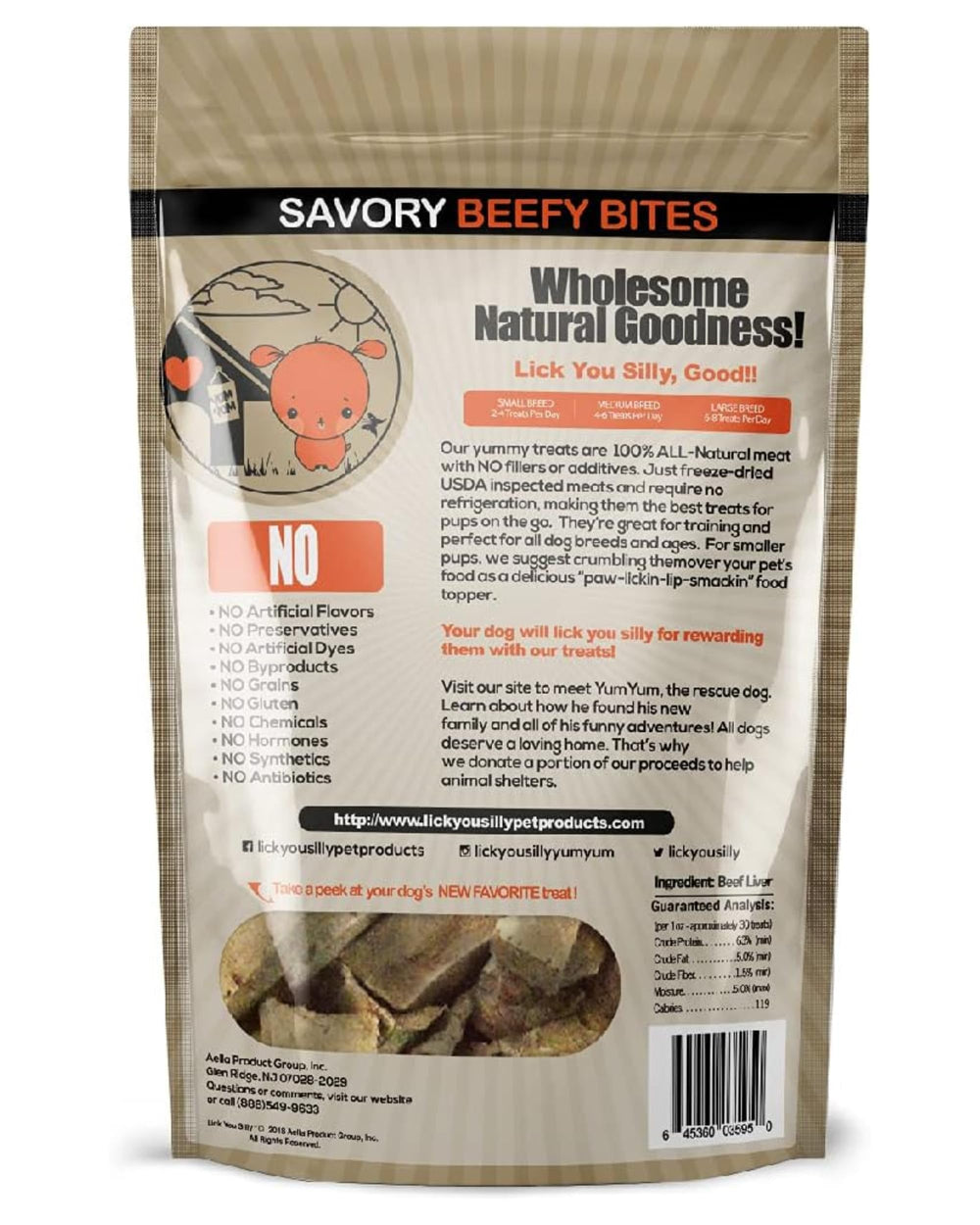 Lick You Silly beef liver treats close-up shows crisp, savory bites for training rewards.