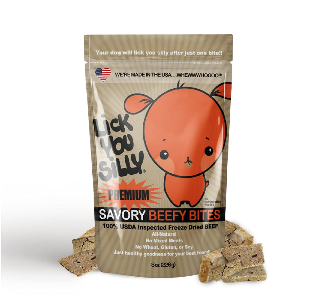 Lick You Silly packaging highlights USA-made beef liver rewards, ideal for on-the-go treats.