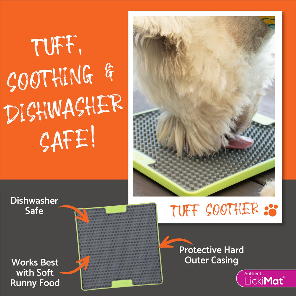 LICKIMAT Tuff soft rubber surface provides gentle licking and comfort.