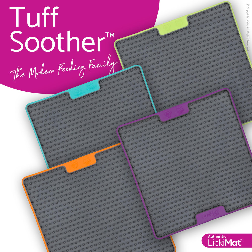 LICKIMAT Tuff helps with anxiety during storms or new surroundings.