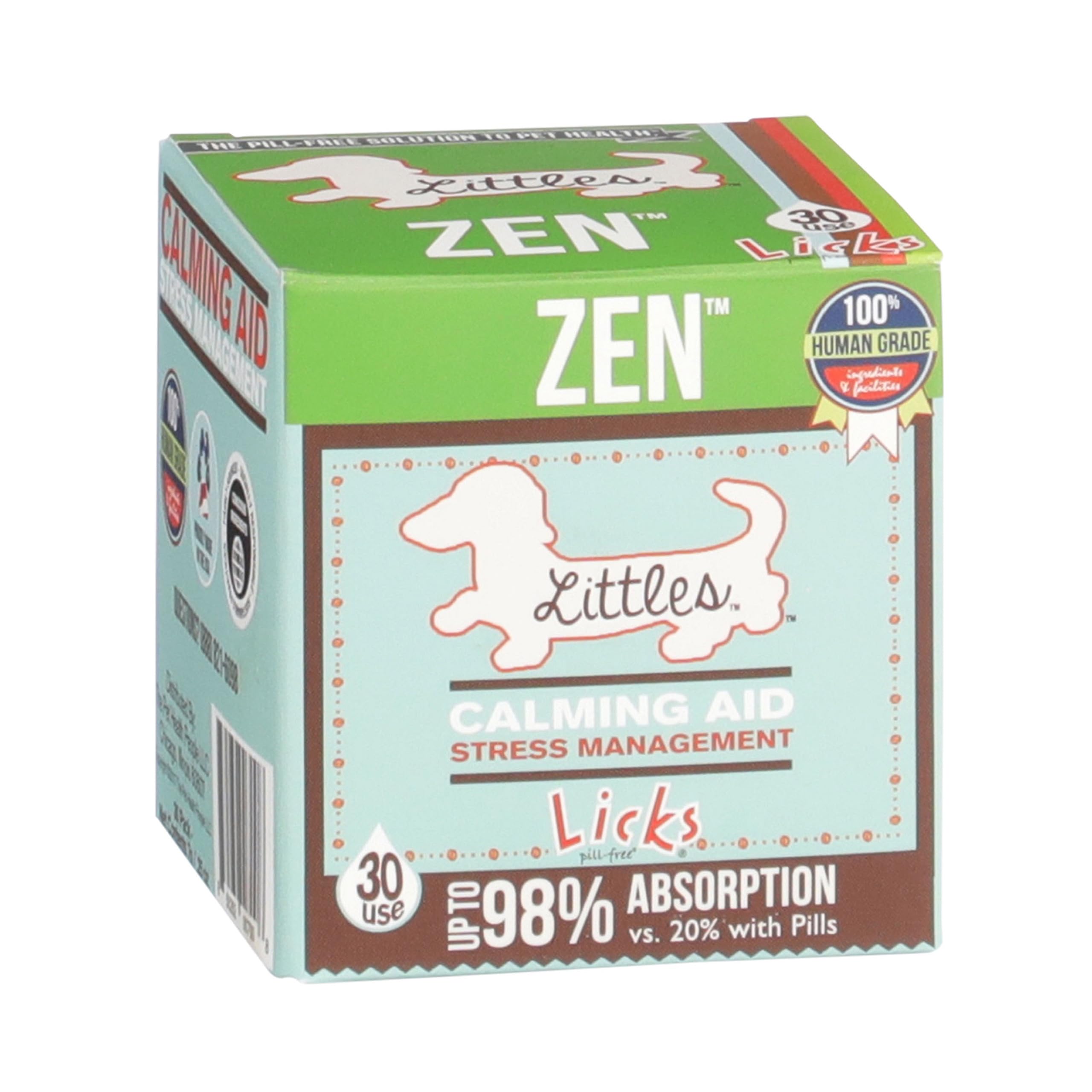 Licks Zen Calming Aid bottle label highlighting natural calm support for small dogs and cats.
