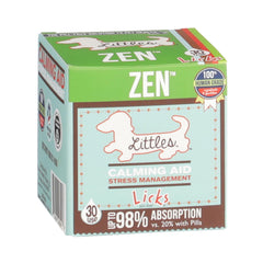 Licks Zen Calming Aid bottle label highlighting natural calm support for small dogs and cats.