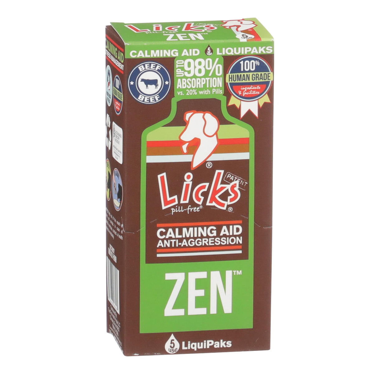 Licks Zen Calming Aid bottle shown for travel and vet visits, offering quick calming support