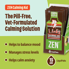 Licks Zen Calming Aid chicken-flavor gel packet prepared for pet calming.
