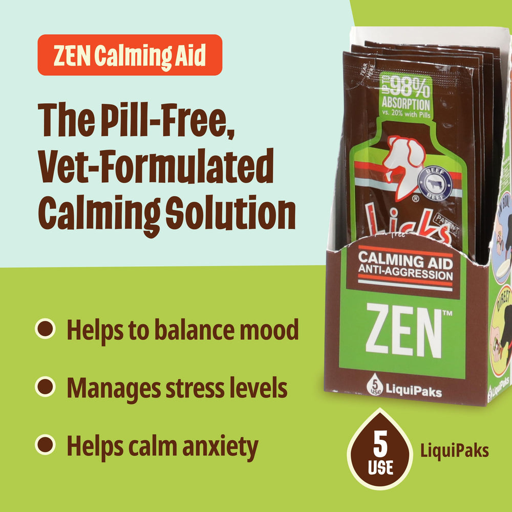 Licks Zen Calming Aid gel packets in use to help dogs and cats stay calm