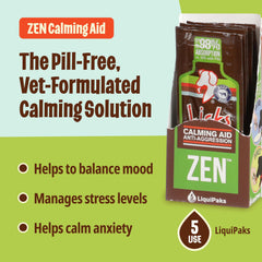 Licks Zen Calming Aid gel packets in use to help dogs and cats stay calm