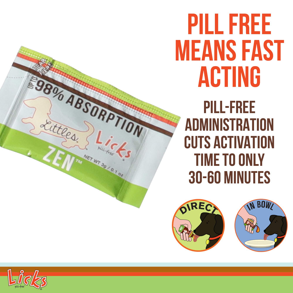 Front packaging of Licks Zen Calming Aid emphasizing fast-acting calm for small pets.