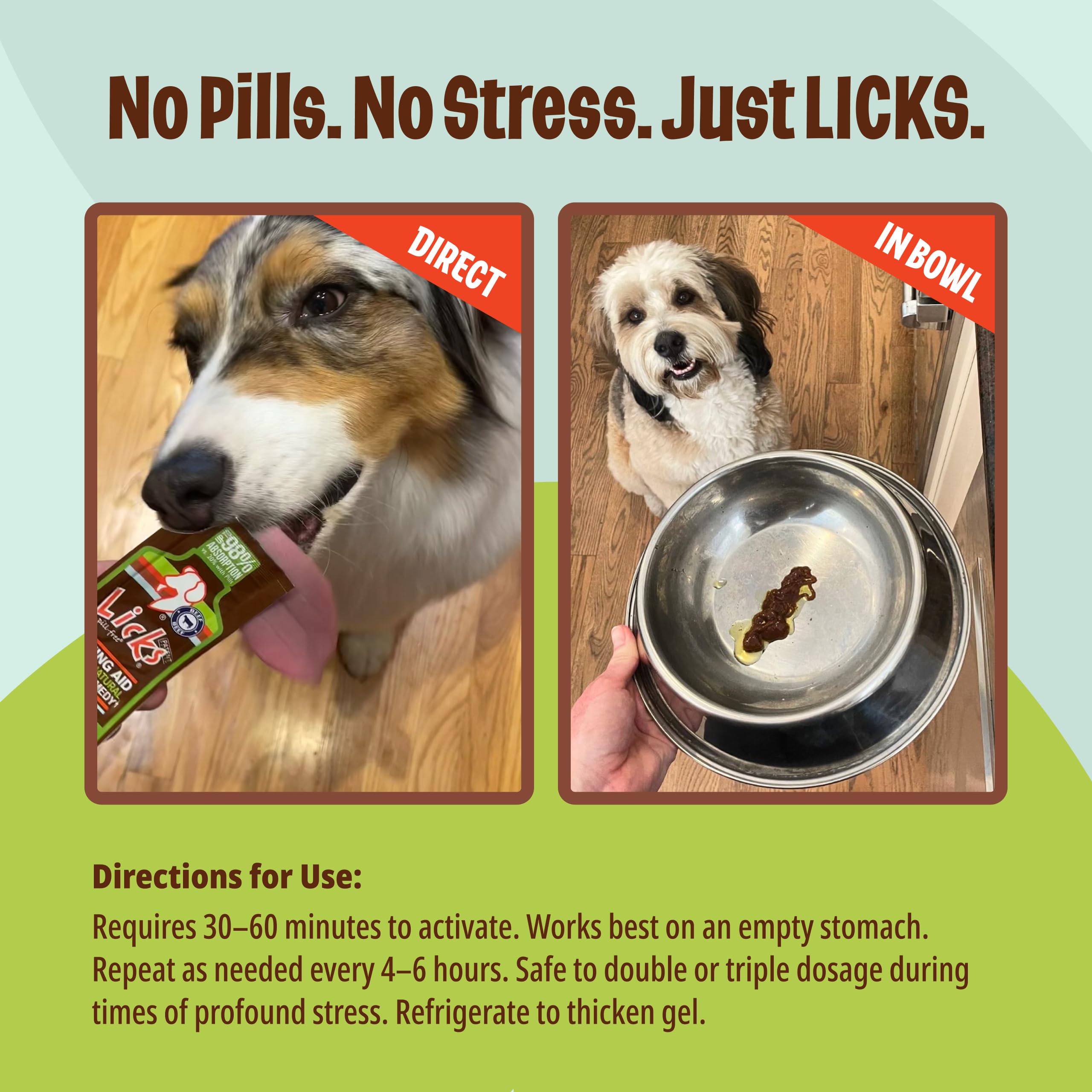 Dog relaxed after separation with Licks Zen Calming Aid support.
