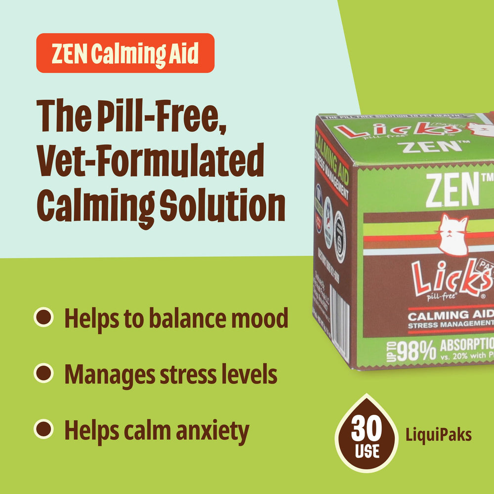 Licks Zen liver flavor packets showcase palatable support for relaxed cats.