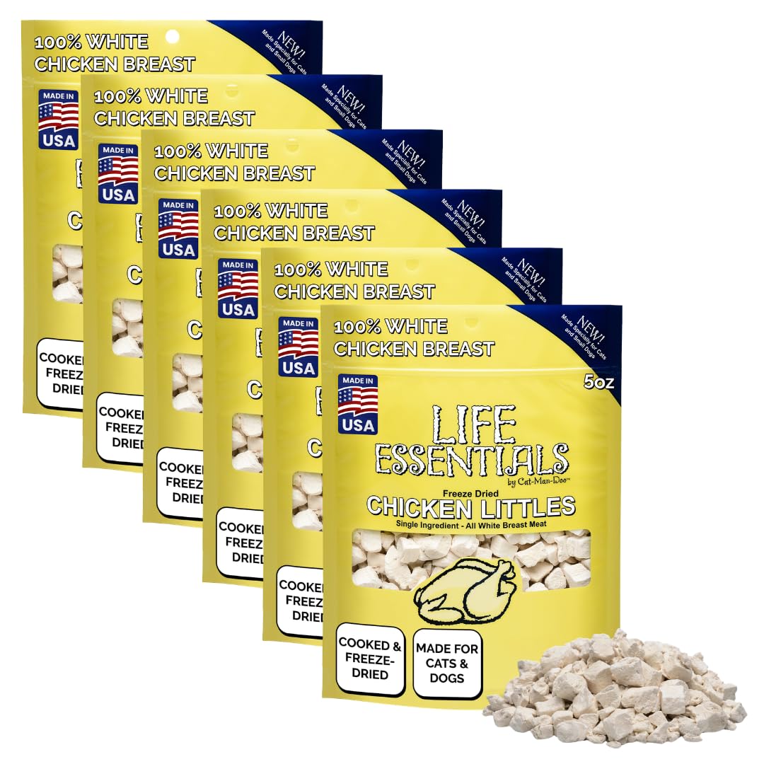 Life Essentials by Cat-Man-Doo pack label shows single-ingredient chicken treats for training.