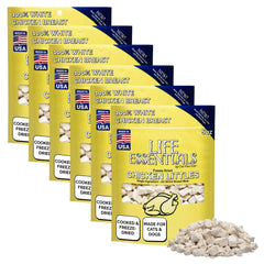 Life Essentials by Cat-Man-Doo pack label shows single-ingredient chicken treats for training.