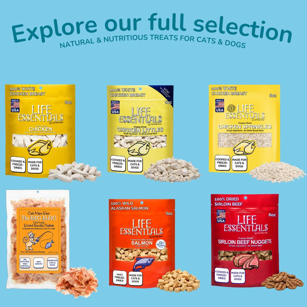 Life Essentials by Cat-Man-Doo servings shown as a wholesome pet snack.