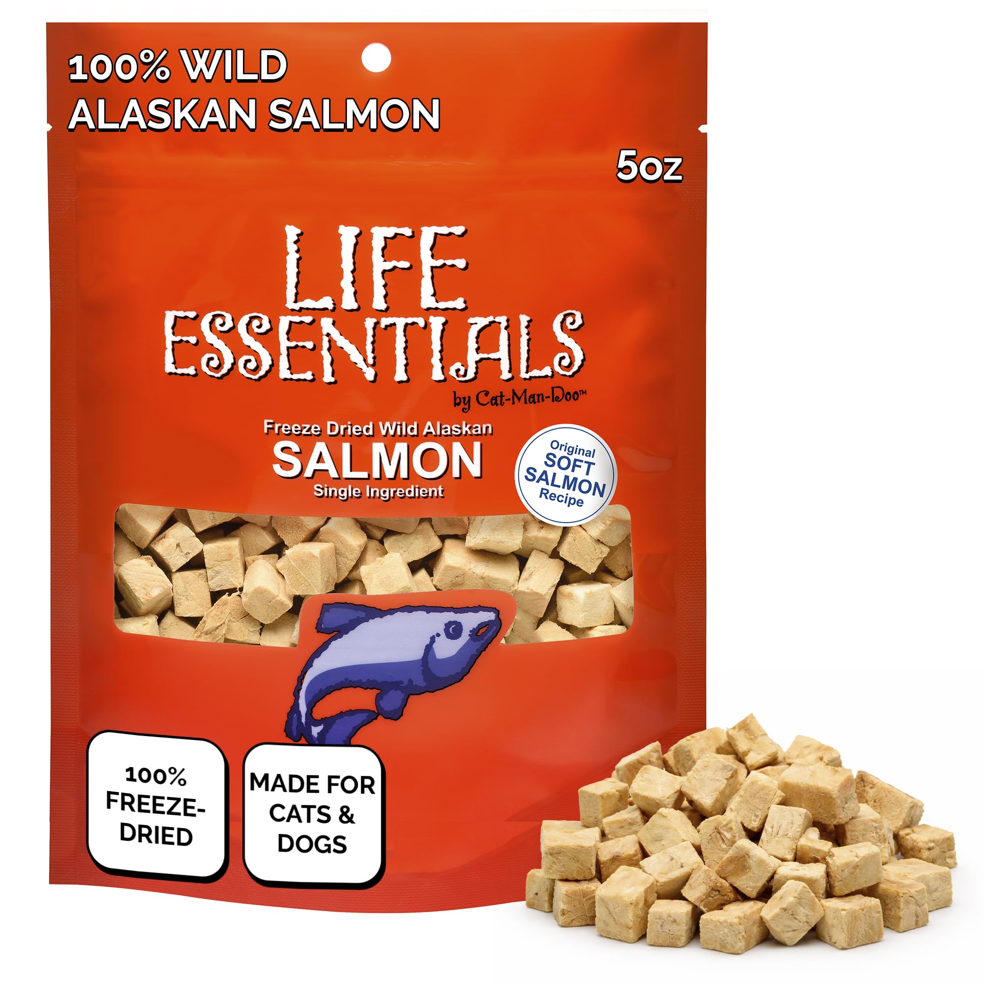 Life Essentials by Cat-Man-Doo salmon freeze-dried 5oz bag front view with high-protein appeal